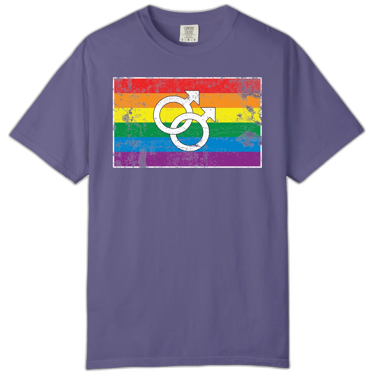 Two interlocking white male symbols overlaid on a distressed rainbow pride flag with horizontal stripes in Grape