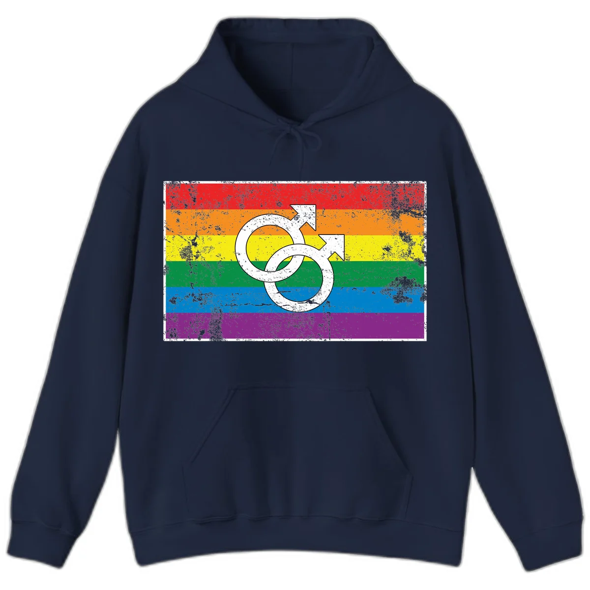 Two interlocking white male symbols overlaid on a distressed rainbow pride flag with horizontal stripes in Navy