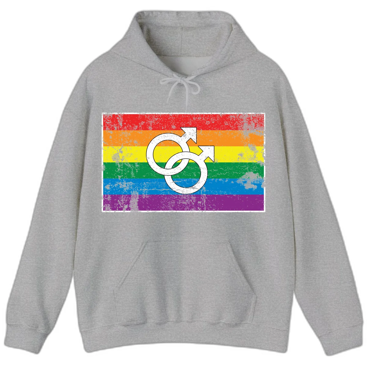 Two interlocking white male symbols overlaid on a distressed rainbow pride flag with horizontal stripes in Sport Grey