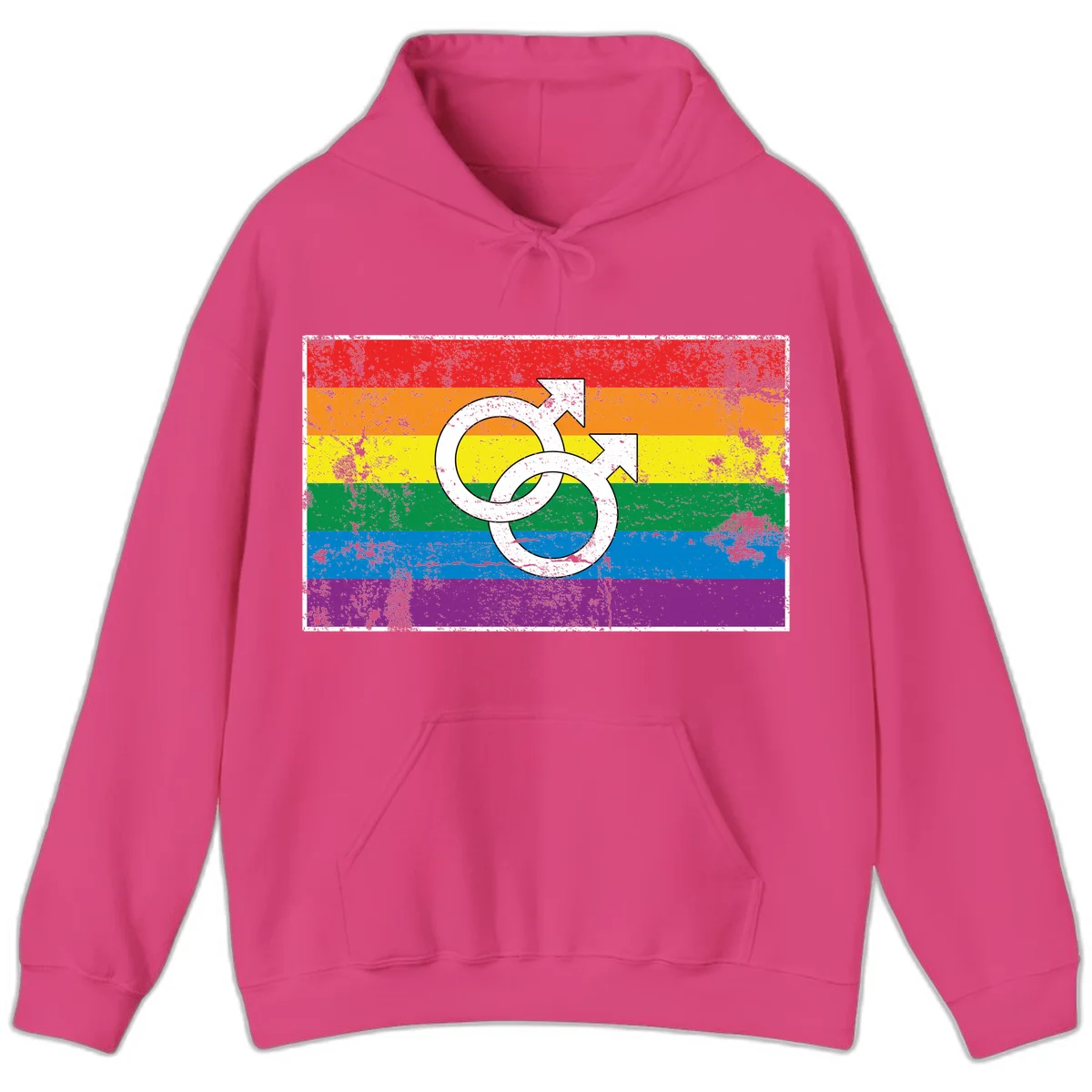 Two interlocking white male symbols overlaid on a distressed rainbow pride flag with horizontal stripes in Heliconia