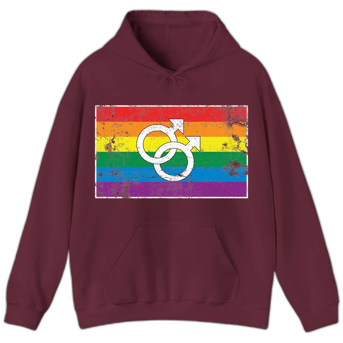 Two interlocking white male symbols overlaid on a distressed rainbow pride flag with horizontal stripes in Maroon