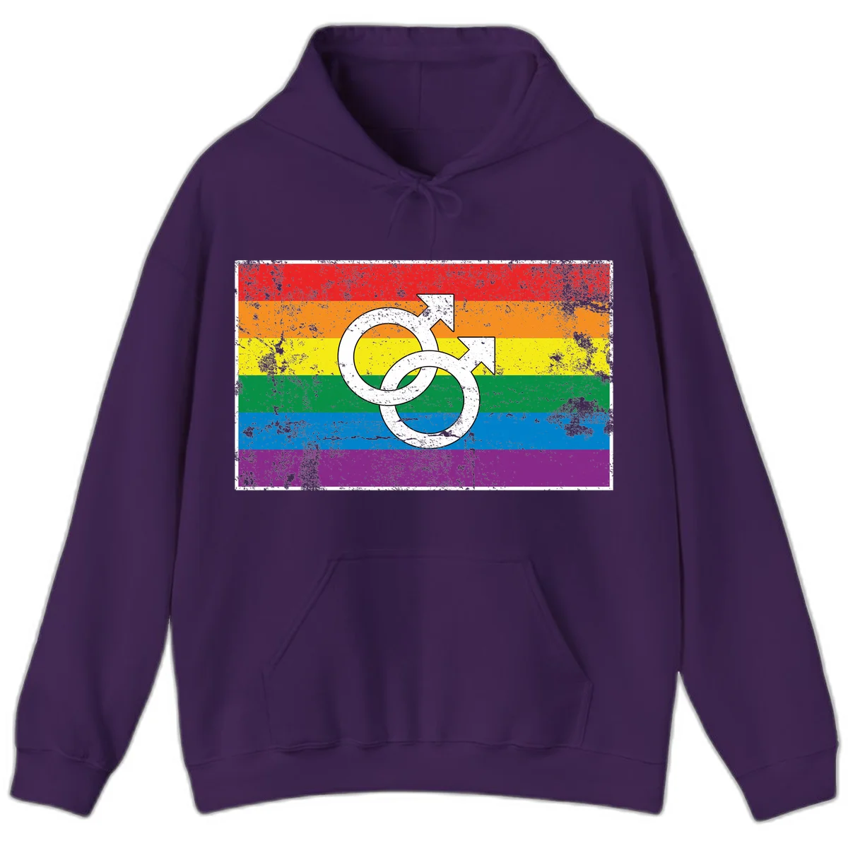 Two interlocking white male symbols overlaid on a distressed rainbow pride flag with horizontal stripes in Purple