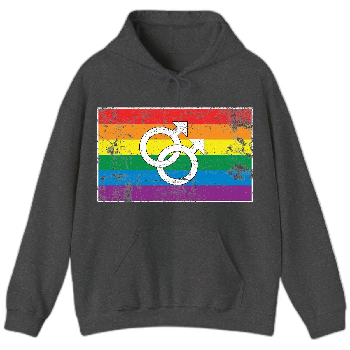 Two interlocking white male symbols overlaid on a distressed rainbow pride flag with horizontal stripes in Dark Heather