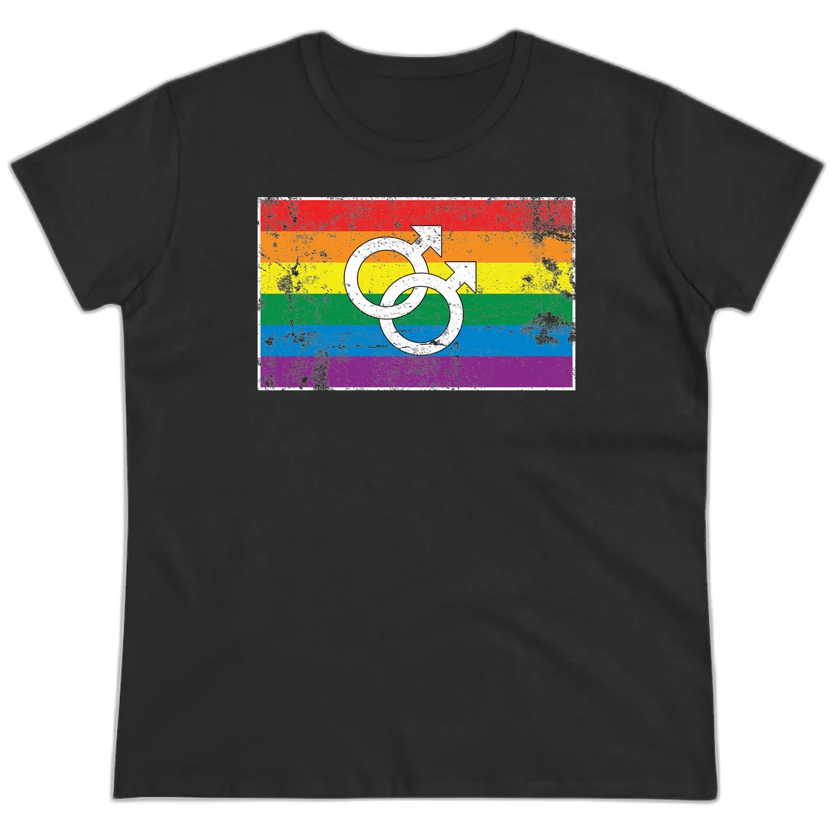 Two interlocking white male symbols overlaid on a distressed rainbow pride flag with horizontal stripes in Black