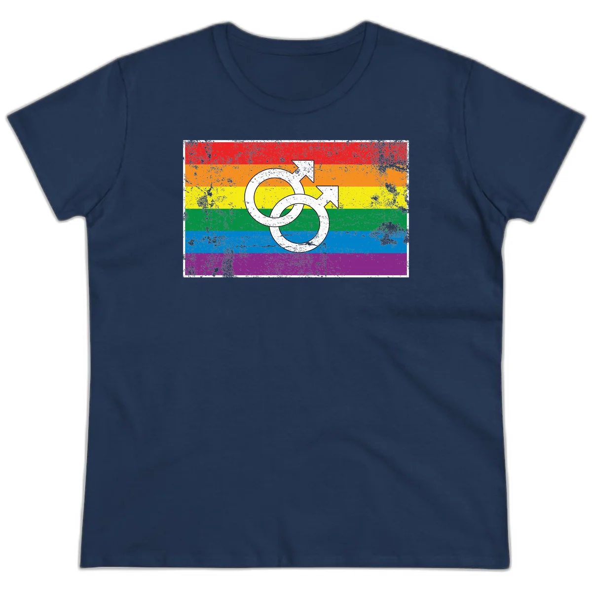 Two interlocking white male symbols overlaid on a distressed rainbow pride flag with horizontal stripes in Navy