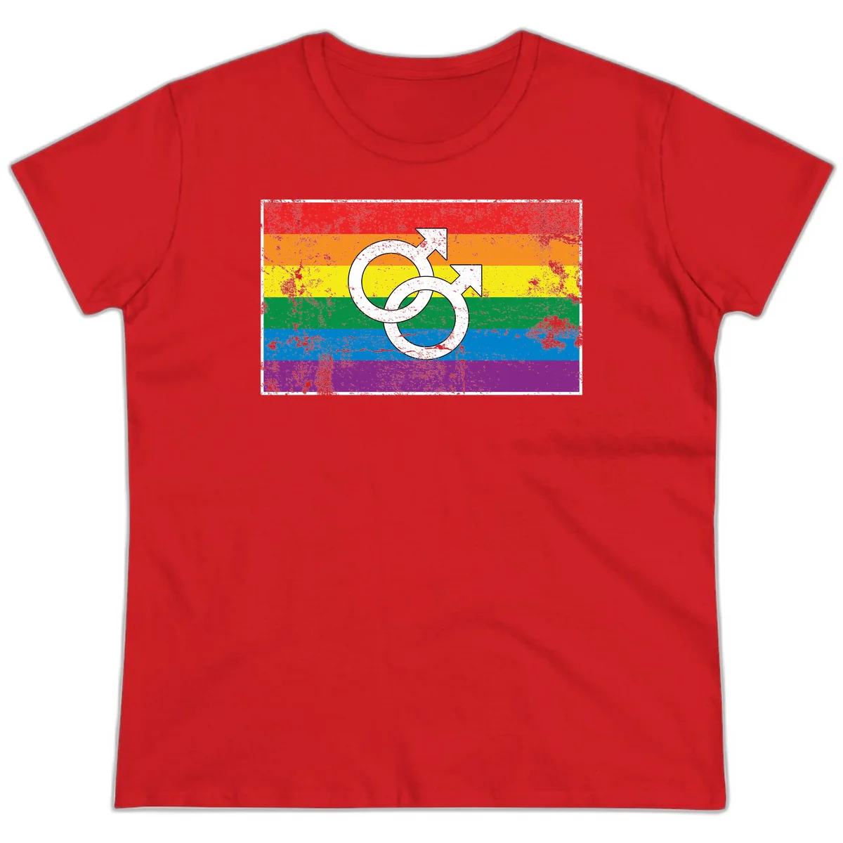Two interlocking white male symbols overlaid on a distressed rainbow pride flag with horizontal stripes in Red