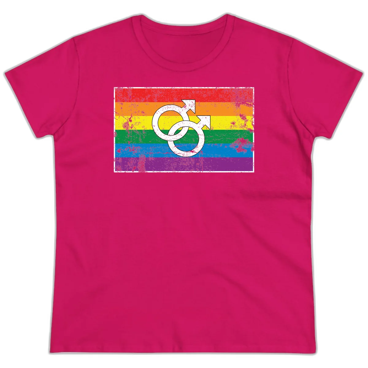 Two interlocking white male symbols overlaid on a distressed rainbow pride flag with horizontal stripes in Heliconia