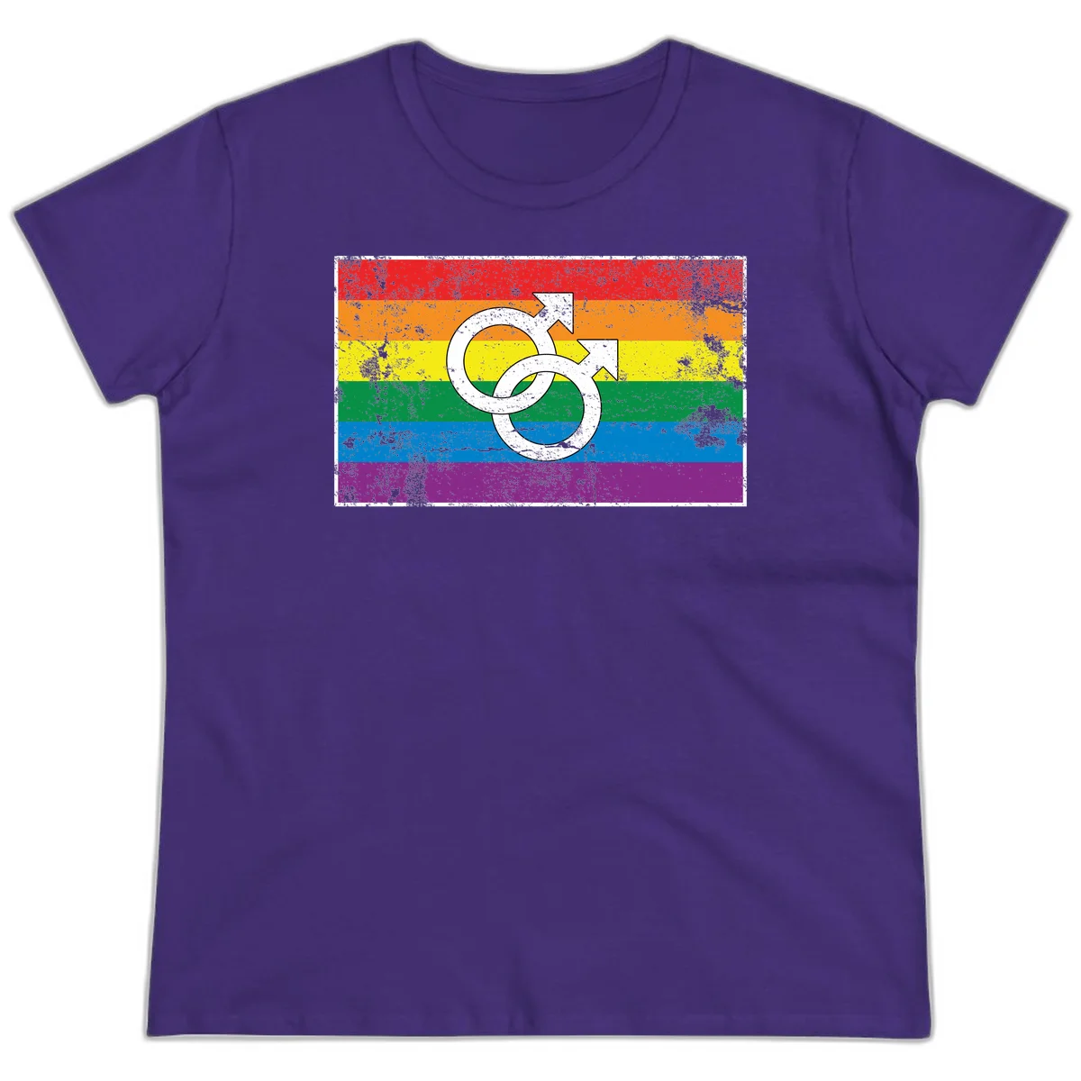 Two interlocking white male symbols overlaid on a distressed rainbow pride flag with horizontal stripes in Purple
