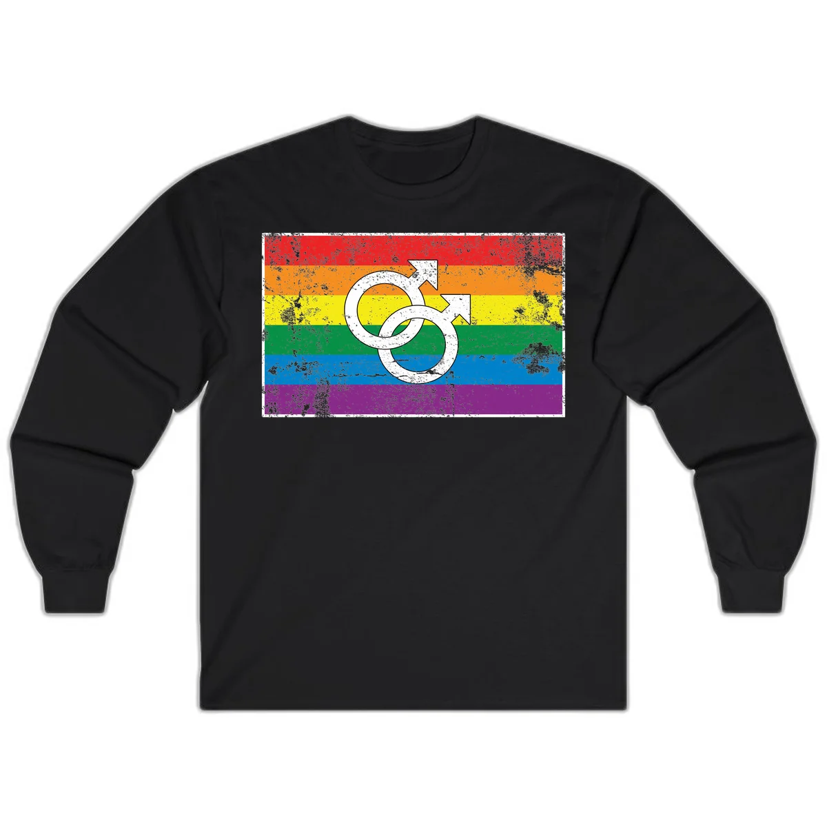 Two interlocking white male symbols overlaid on a distressed rainbow pride flag with horizontal stripes in Black
