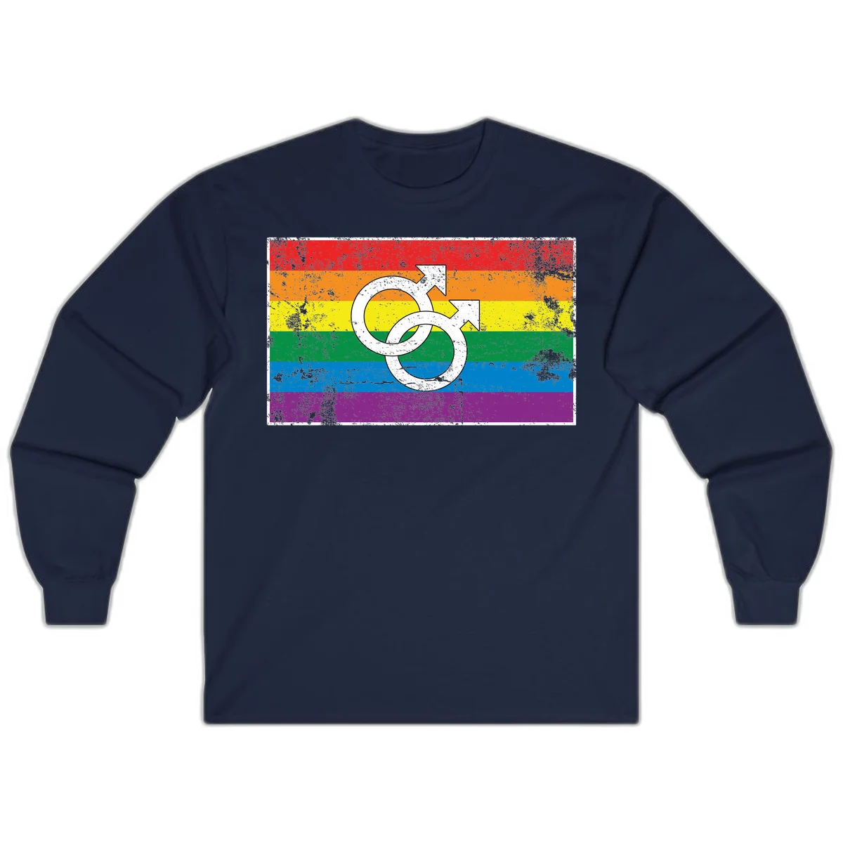 Two interlocking white male symbols overlaid on a distressed rainbow pride flag with horizontal stripes in Navy