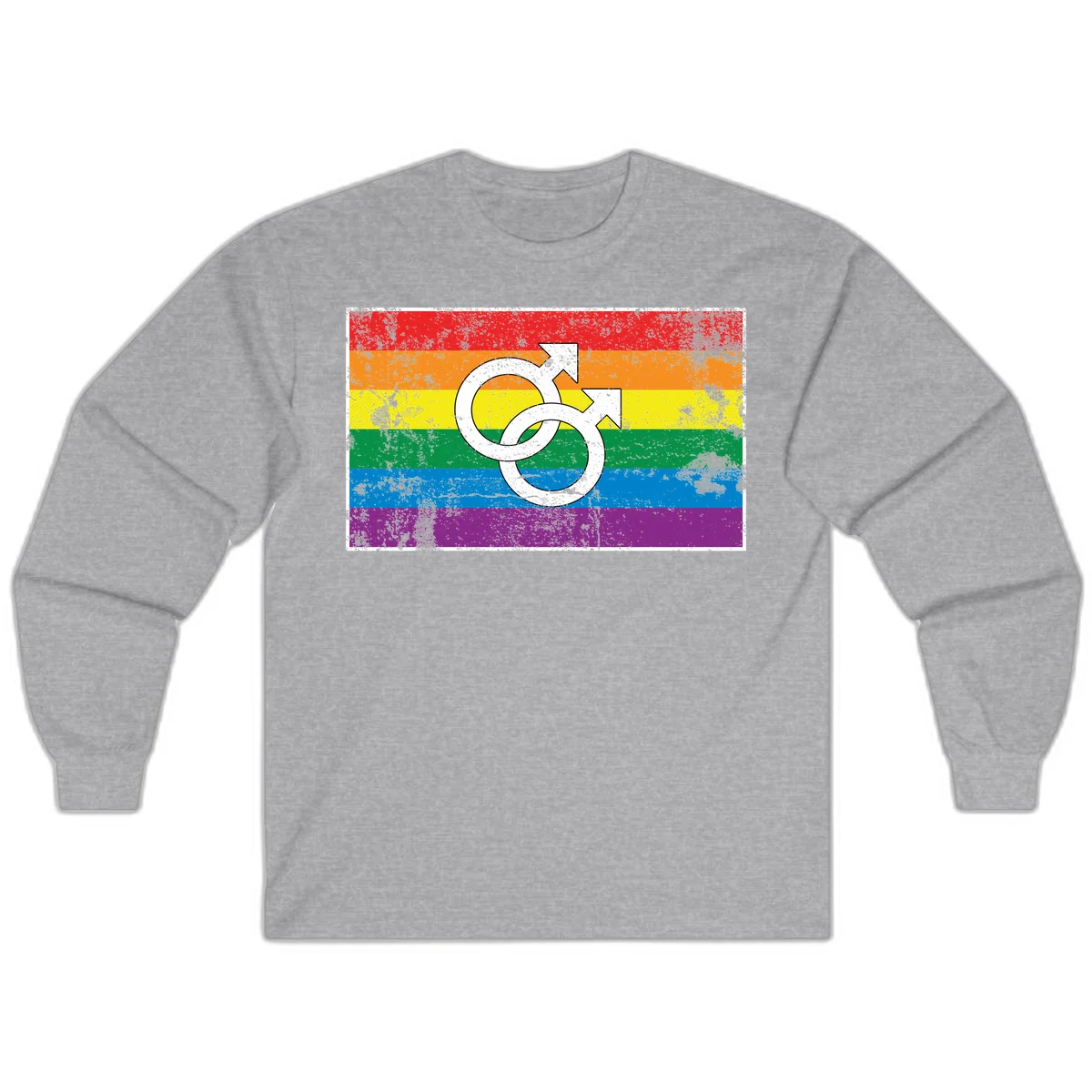 Two interlocking white male symbols overlaid on a distressed rainbow pride flag with horizontal stripes in Sport Grey