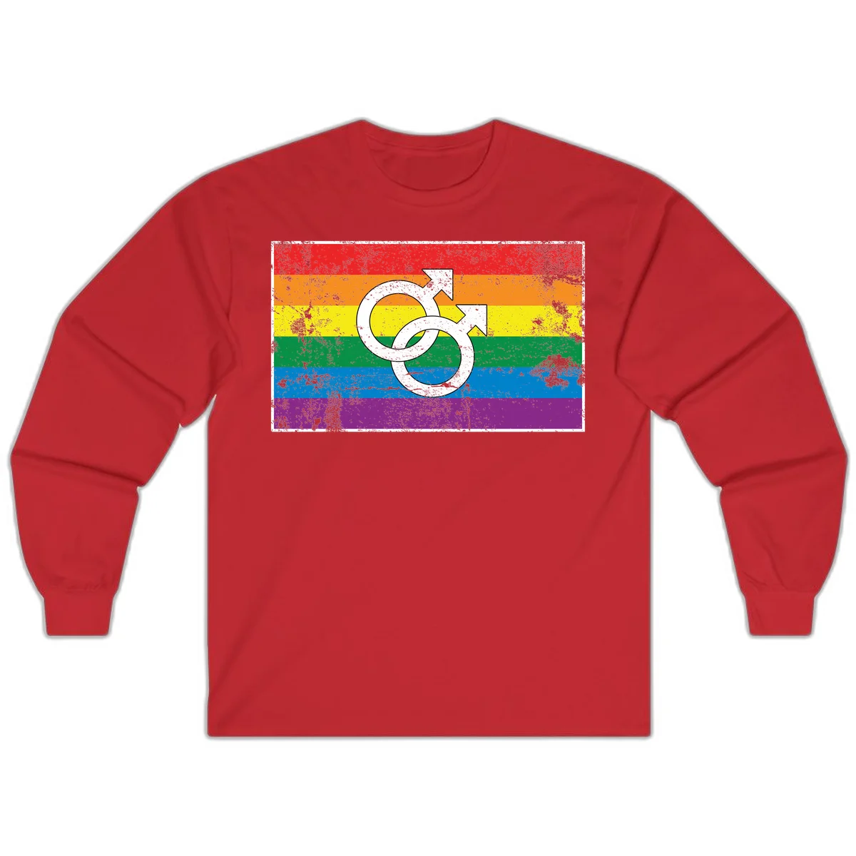 Two interlocking white male symbols overlaid on a distressed rainbow pride flag with horizontal stripes in Red