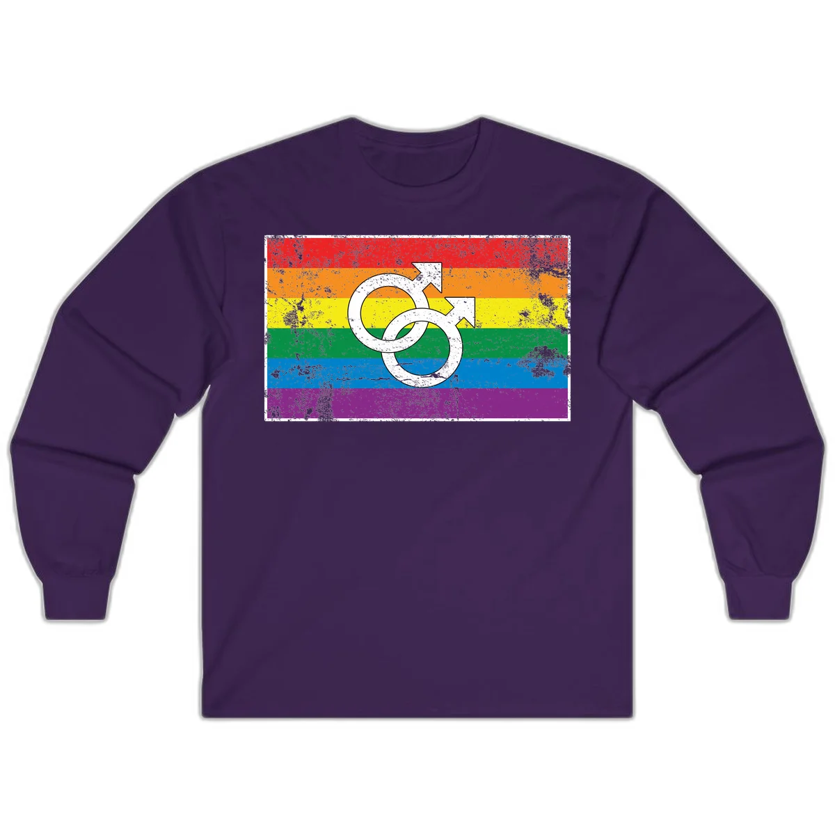 Two interlocking white male symbols overlaid on a distressed rainbow pride flag with horizontal stripes in Purple