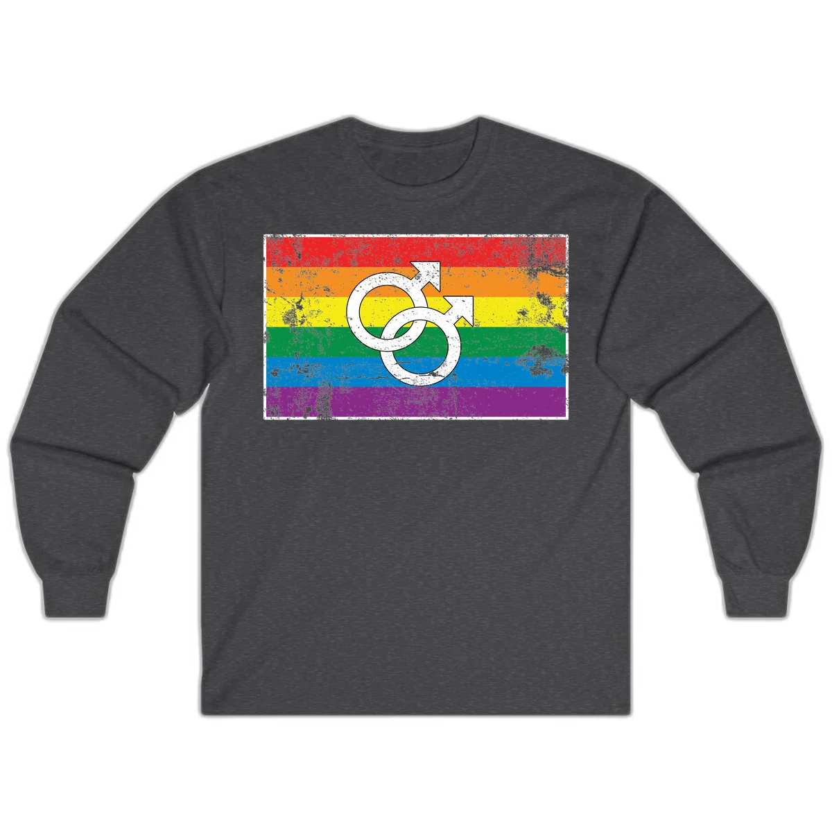 Two interlocking white male symbols overlaid on a distressed rainbow pride flag with horizontal stripes in Dark Heather