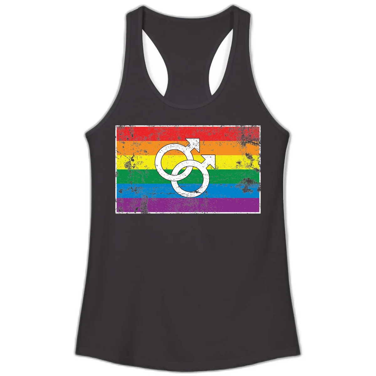 Two interlocking white male symbols overlaid on a distressed rainbow pride flag with horizontal stripes in Black