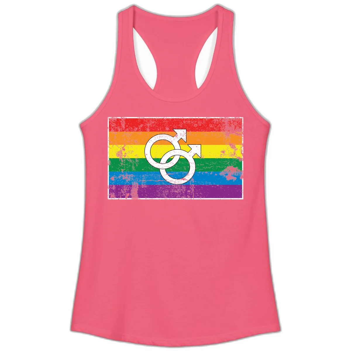 Two interlocking white male symbols overlaid on a distressed rainbow pride flag with horizontal stripes in Hot Pink