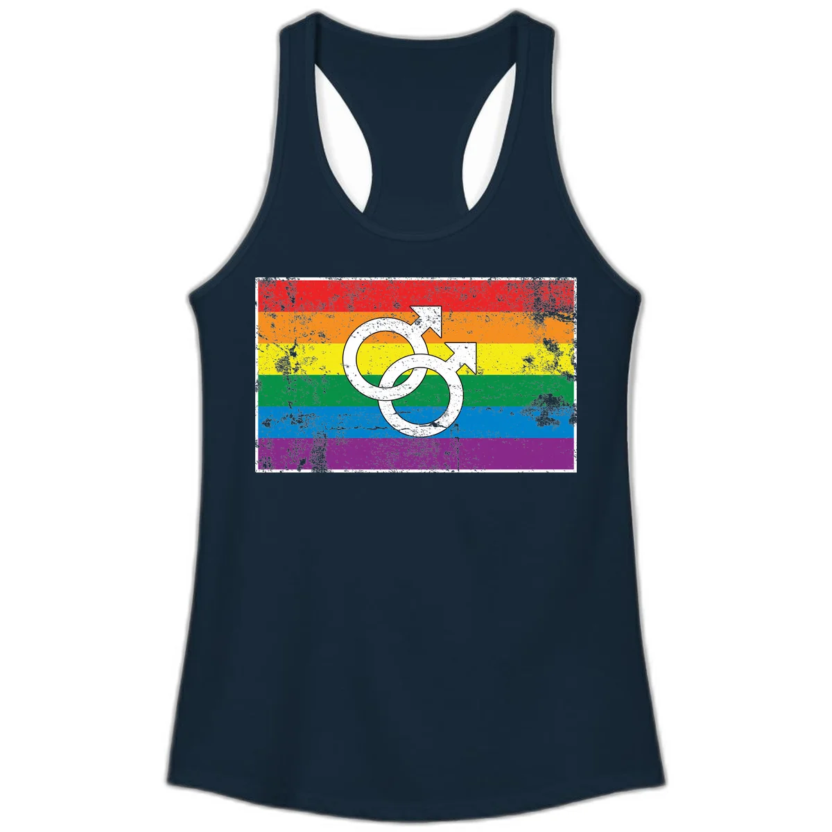 Two interlocking white male symbols overlaid on a distressed rainbow pride flag with horizontal stripes in Solid Midnight Navy