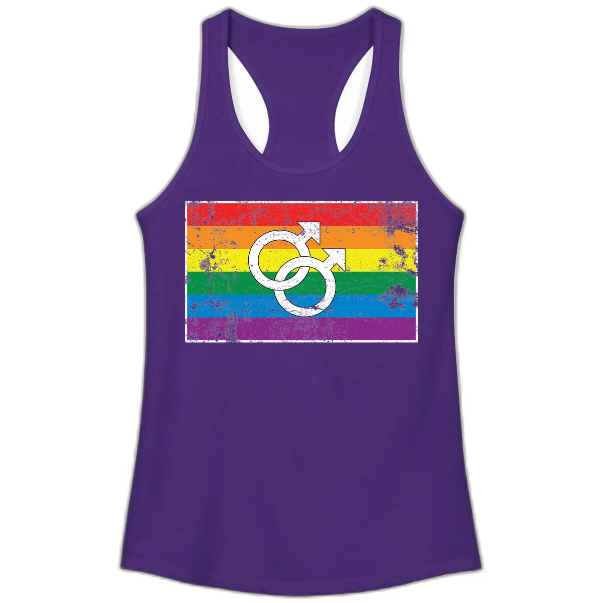 Two interlocking white male symbols overlaid on a distressed rainbow pride flag with horizontal stripes in Solid Purple Rush