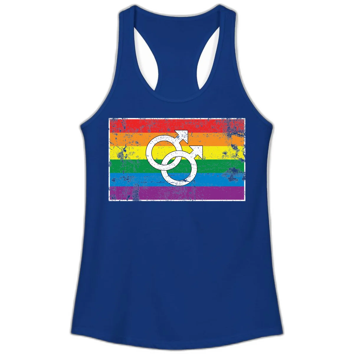 Two interlocking white male symbols overlaid on a distressed rainbow pride flag with horizontal stripes in Solid Royal