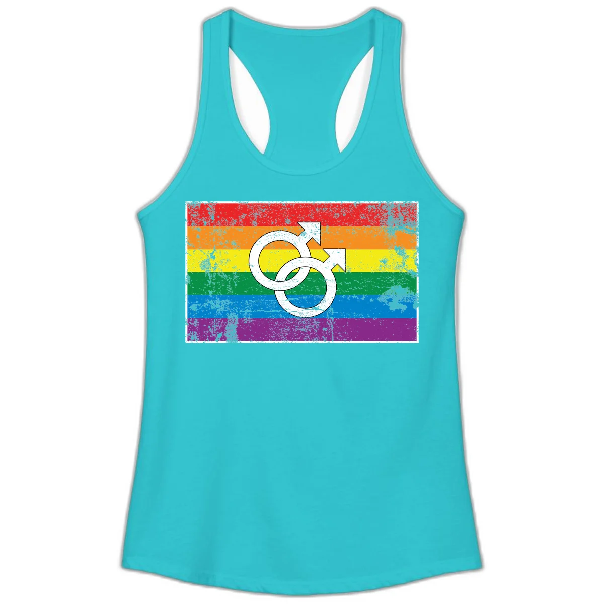 Two interlocking white male symbols overlaid on a distressed rainbow pride flag with horizontal stripes in Solid Tahiti Blue