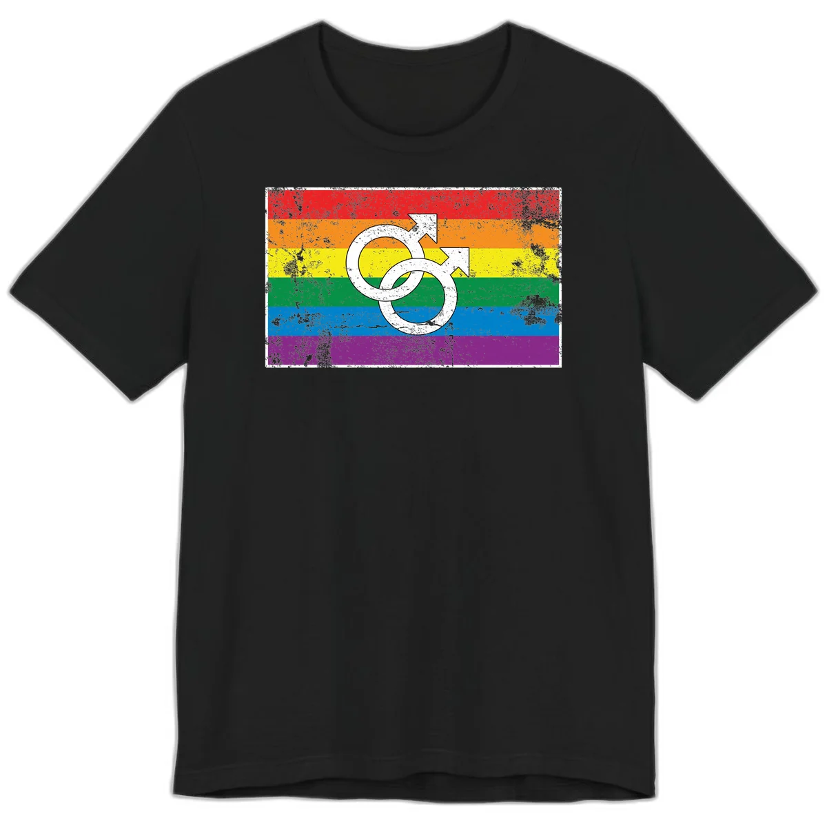 Two interlocking white male symbols overlaid on a distressed rainbow pride flag with horizontal stripes in Black