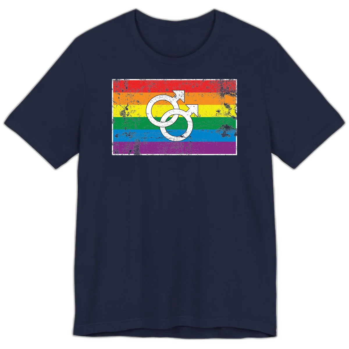 Two interlocking white male symbols overlaid on a distressed rainbow pride flag with horizontal stripes in Navy