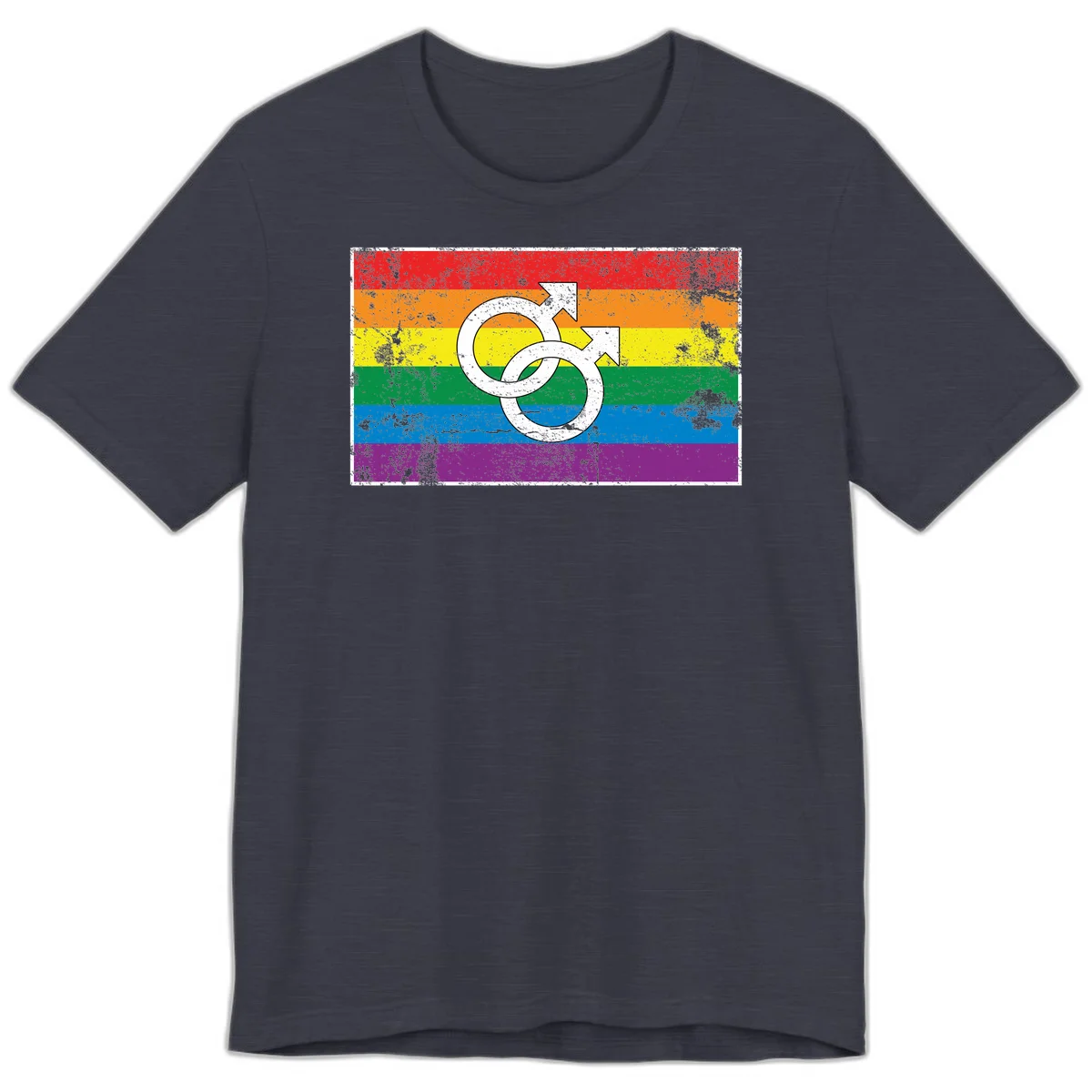 Two interlocking white male symbols overlaid on a distressed rainbow pride flag with horizontal stripes in Heather Midnight Navy