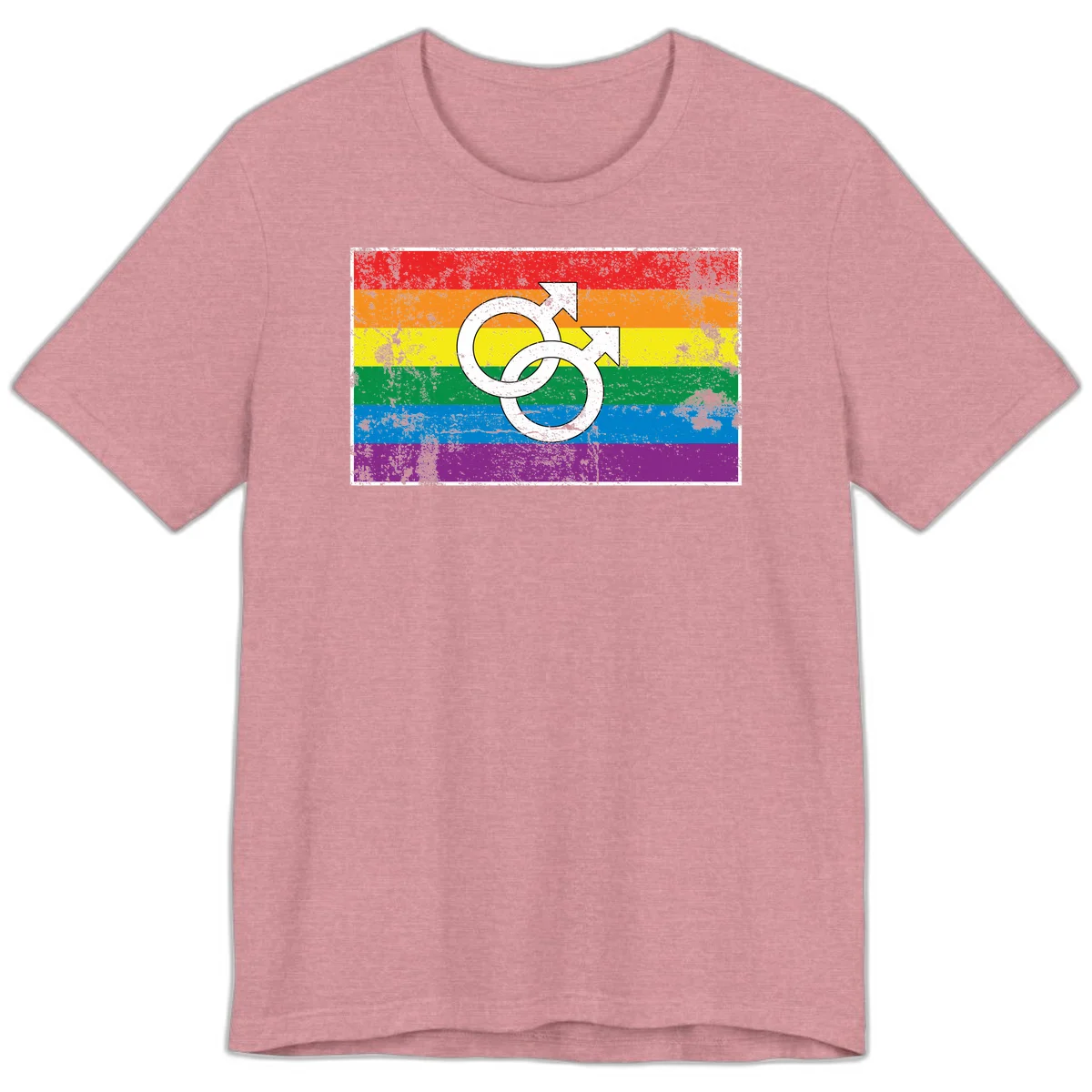 Two interlocking white male symbols overlaid on a distressed rainbow pride flag with horizontal stripes in Heather Orchid