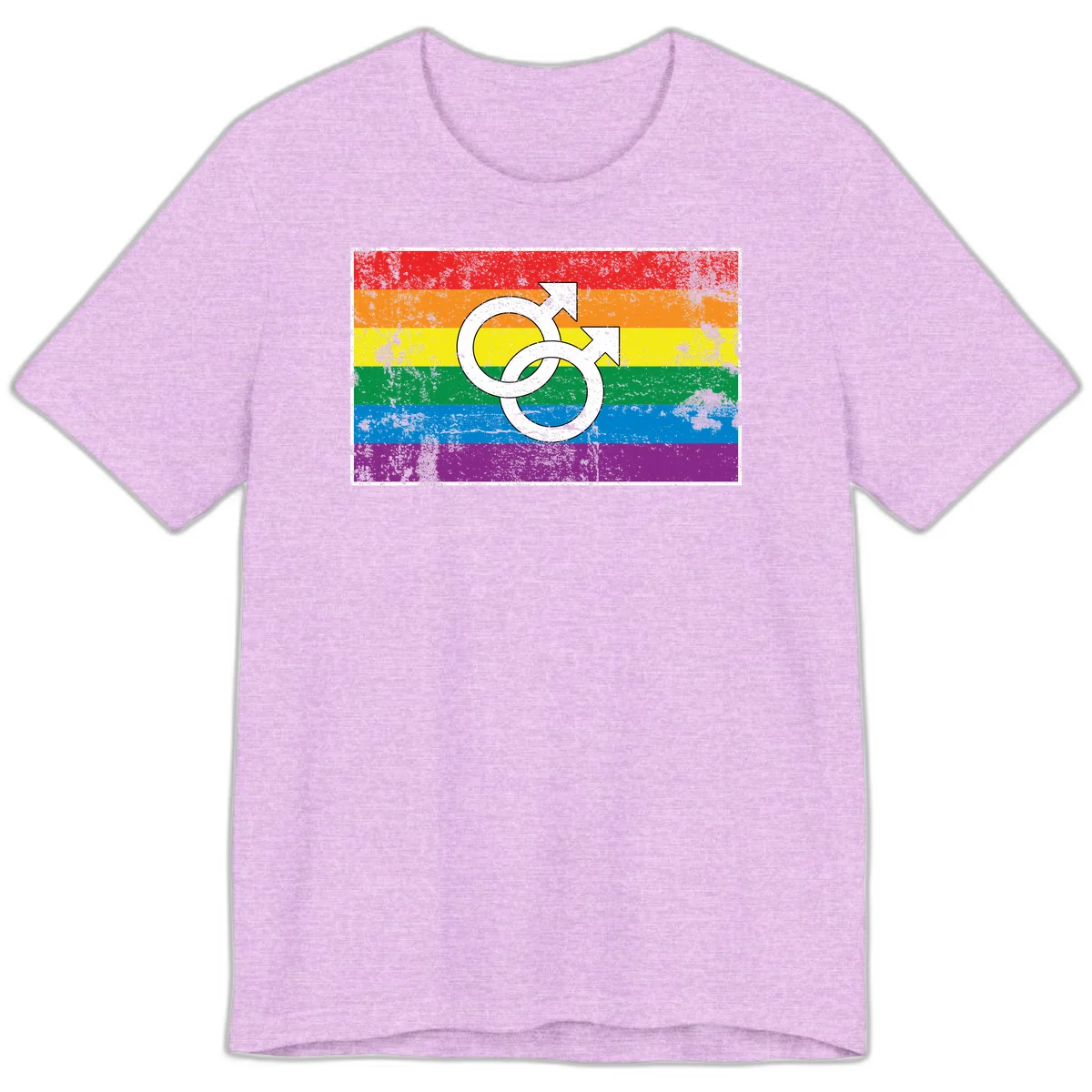 Two interlocking white male symbols overlaid on a distressed rainbow pride flag with horizontal stripes in Heather Prism Lilac