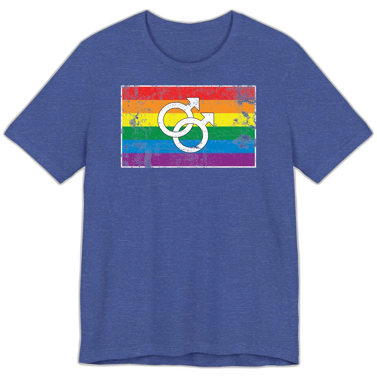 Two interlocking white male symbols overlaid on a distressed rainbow pride flag with horizontal stripes in Heather True Royal