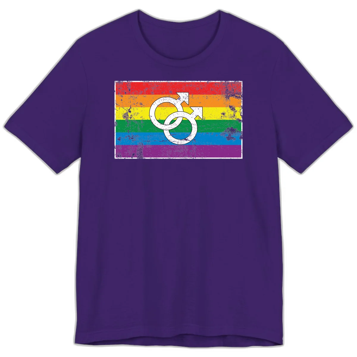 Two interlocking white male symbols overlaid on a distressed rainbow pride flag with horizontal stripes in Team Purple