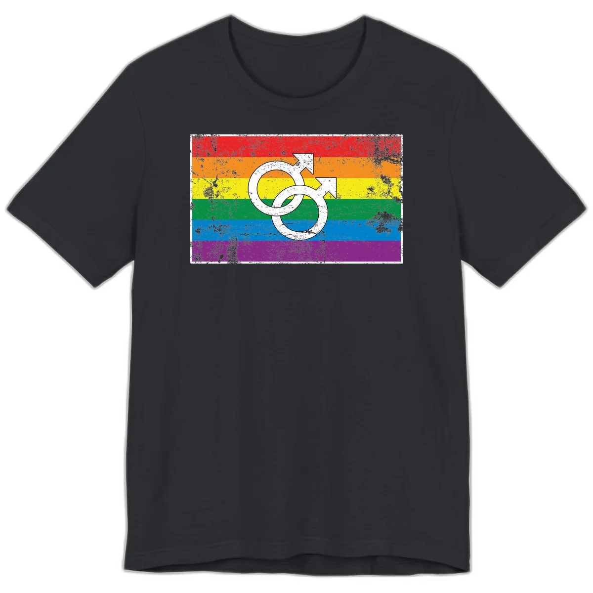 Two interlocking white male symbols overlaid on a distressed rainbow pride flag with horizontal stripes in Vintage Black