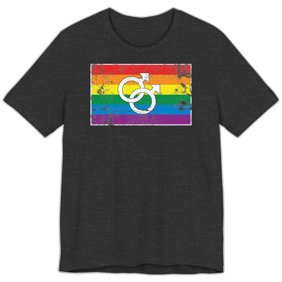 Two interlocking white male symbols overlaid on a distressed rainbow pride flag with horizontal stripes in Dark Grey Heather