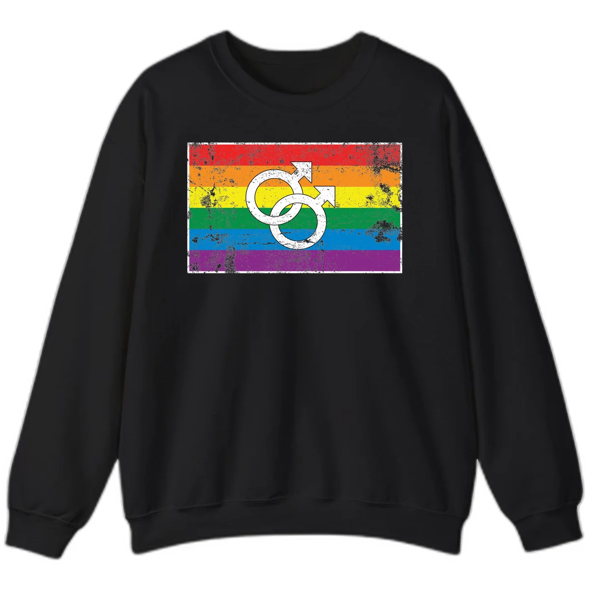 Two interlocking white male symbols overlaid on a distressed rainbow pride flag with horizontal stripes in Black