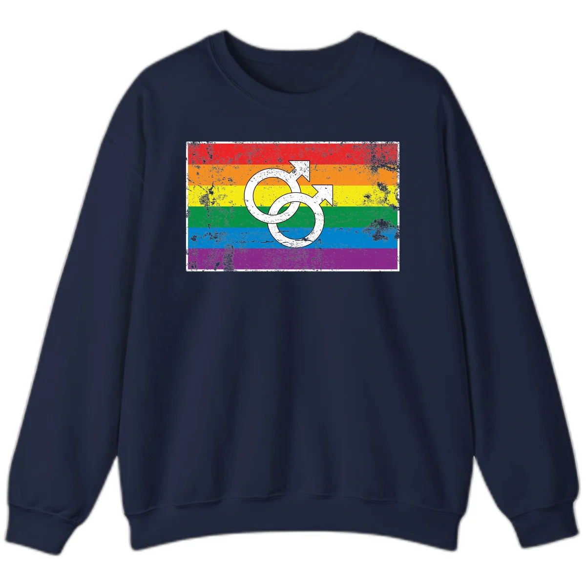 Two interlocking white male symbols overlaid on a distressed rainbow pride flag with horizontal stripes in Navy