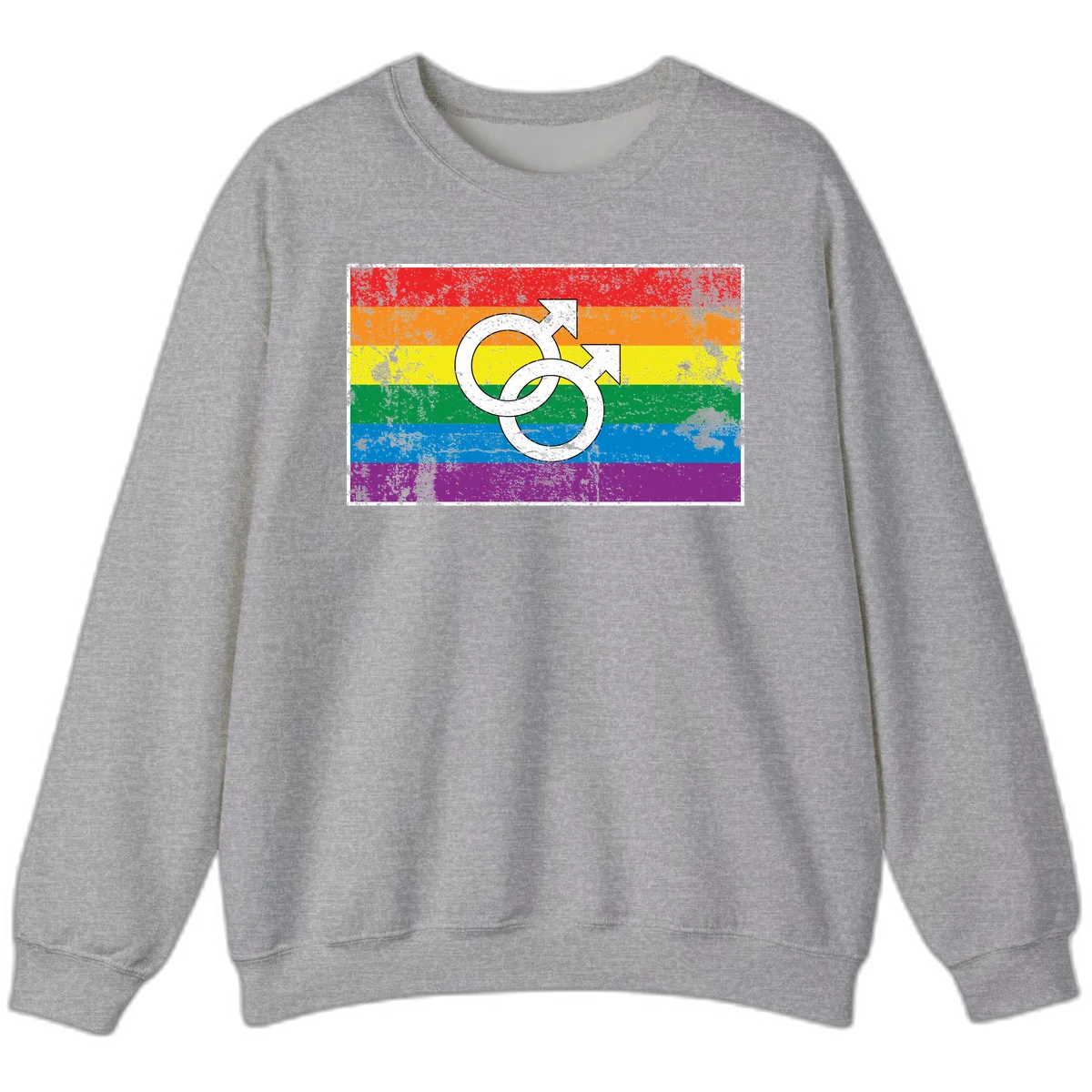 Two interlocking white male symbols overlaid on a distressed rainbow pride flag with horizontal stripes in Sport Grey