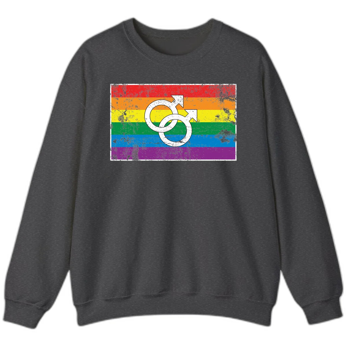 Two interlocking white male symbols overlaid on a distressed rainbow pride flag with horizontal stripes in Dark Heather
