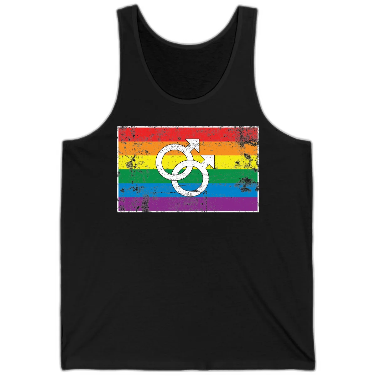 Two interlocking white male symbols overlaid on a distressed rainbow pride flag with horizontal stripes in Black