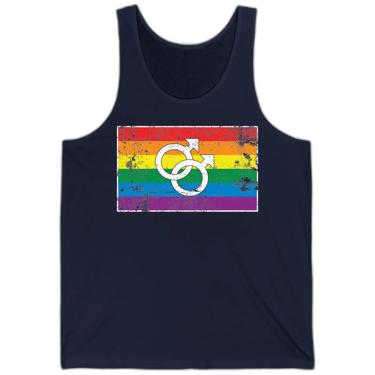Two interlocking white male symbols overlaid on a distressed rainbow pride flag with horizontal stripes in Navy