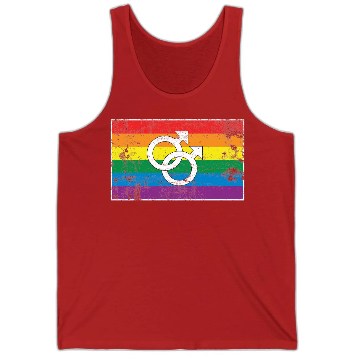 Two interlocking white male symbols overlaid on a distressed rainbow pride flag with horizontal stripes in Red