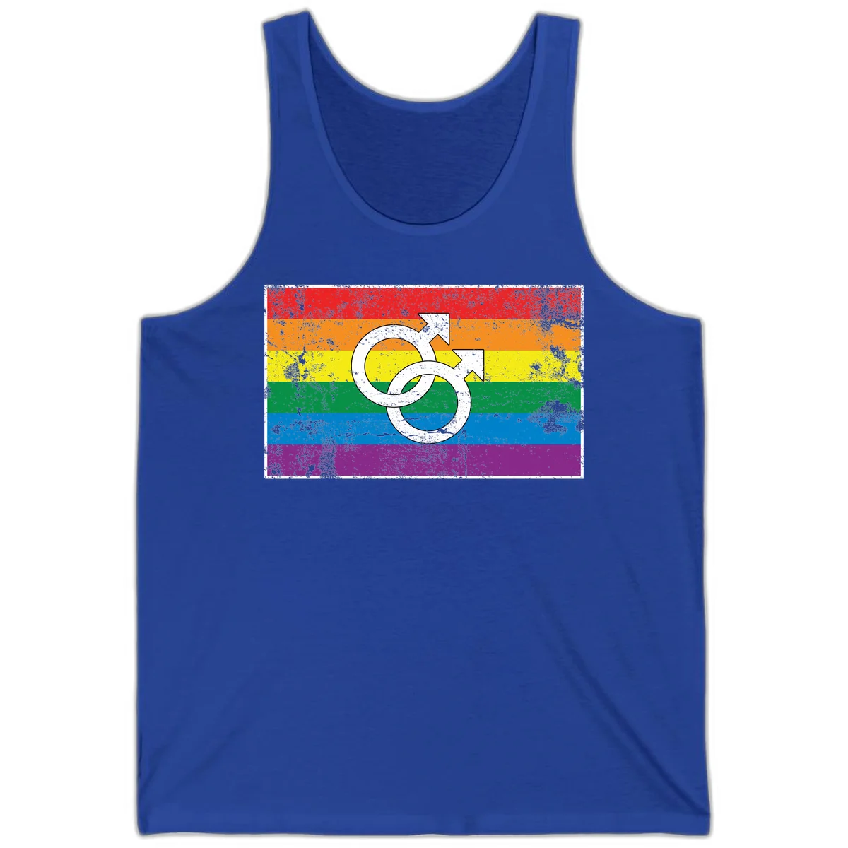 Two interlocking white male symbols overlaid on a distressed rainbow pride flag with horizontal stripes in True Royal