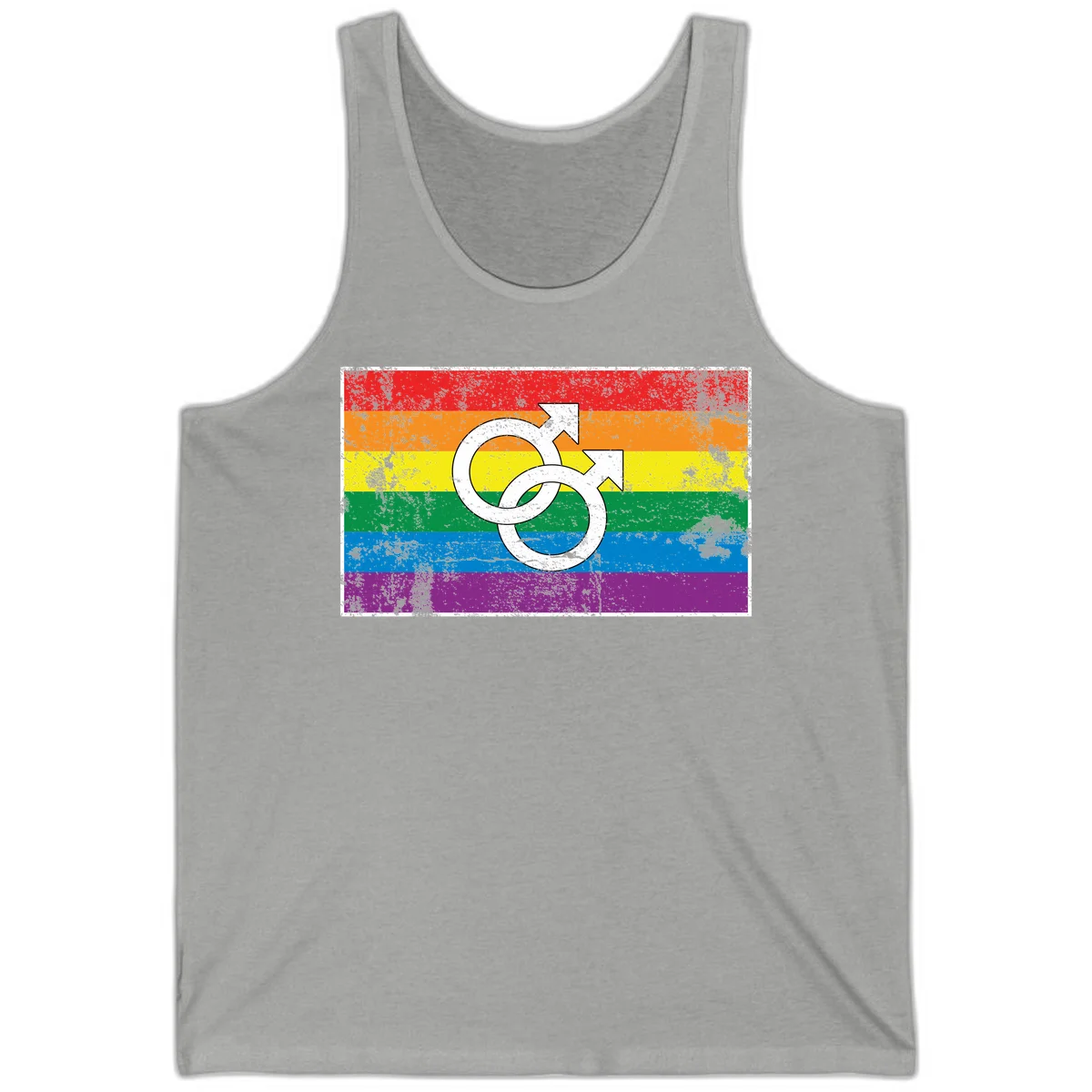 Two interlocking white male symbols overlaid on a distressed rainbow pride flag with horizontal stripes in Athletic Heather