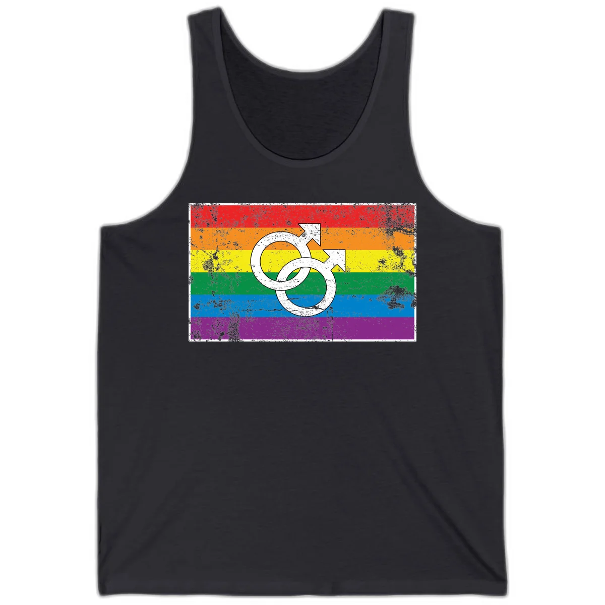 Two interlocking white male symbols overlaid on a distressed rainbow pride flag with horizontal stripes in Dark Grey