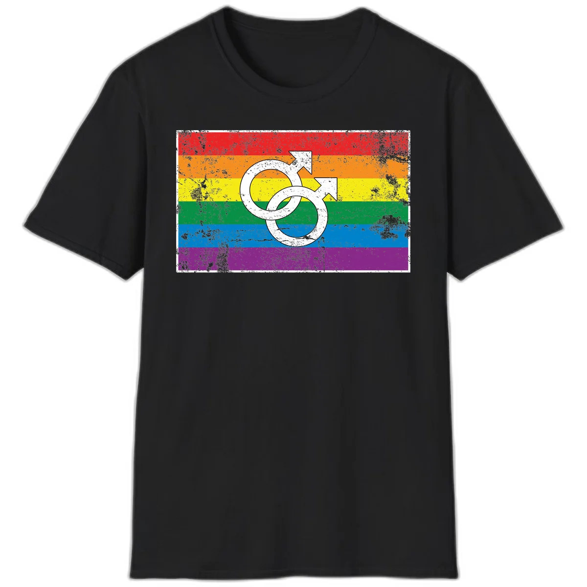 Two interlocking white male symbols overlaid on a distressed rainbow pride flag with horizontal stripes in Black