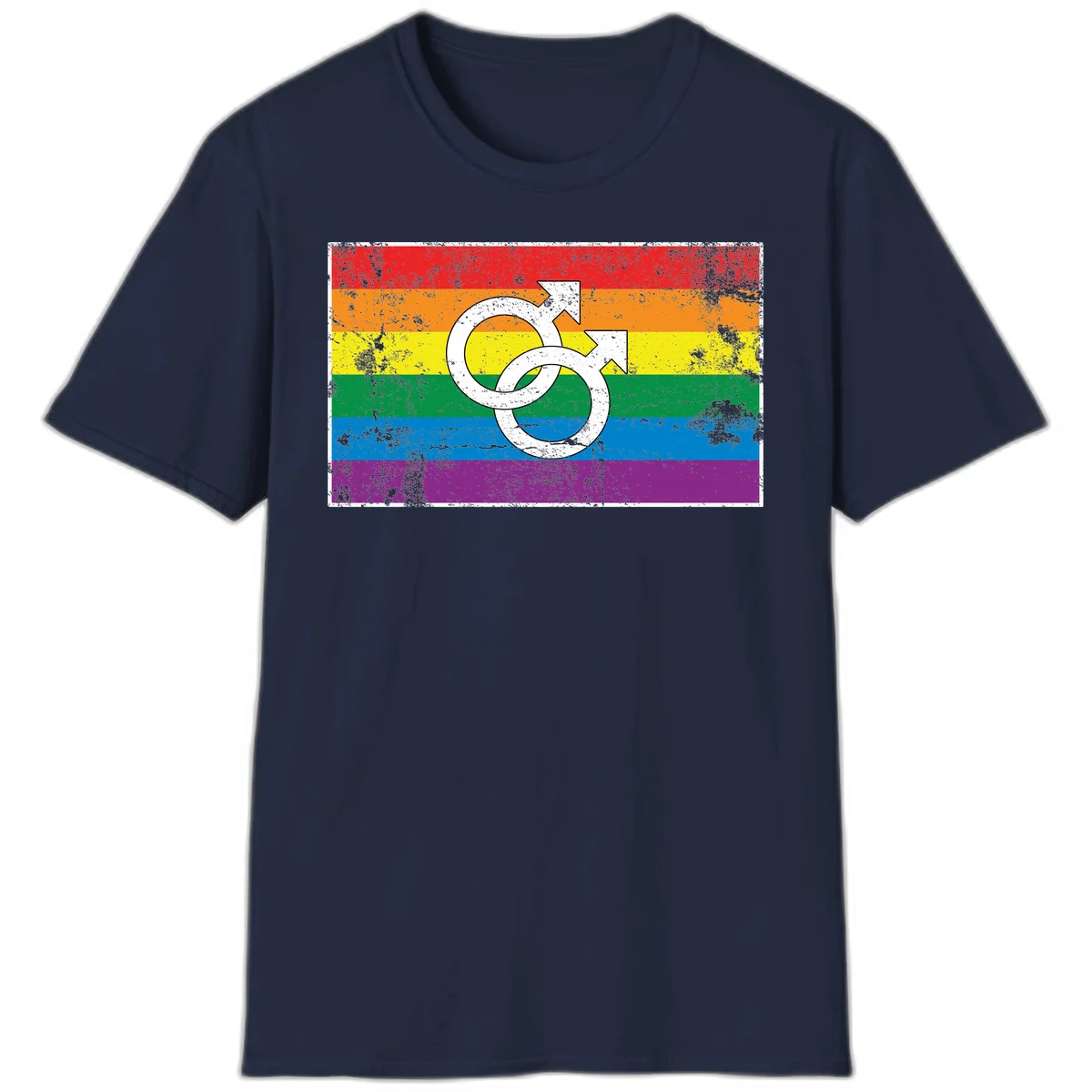 Two interlocking white male symbols overlaid on a distressed rainbow pride flag with horizontal stripes in Navy