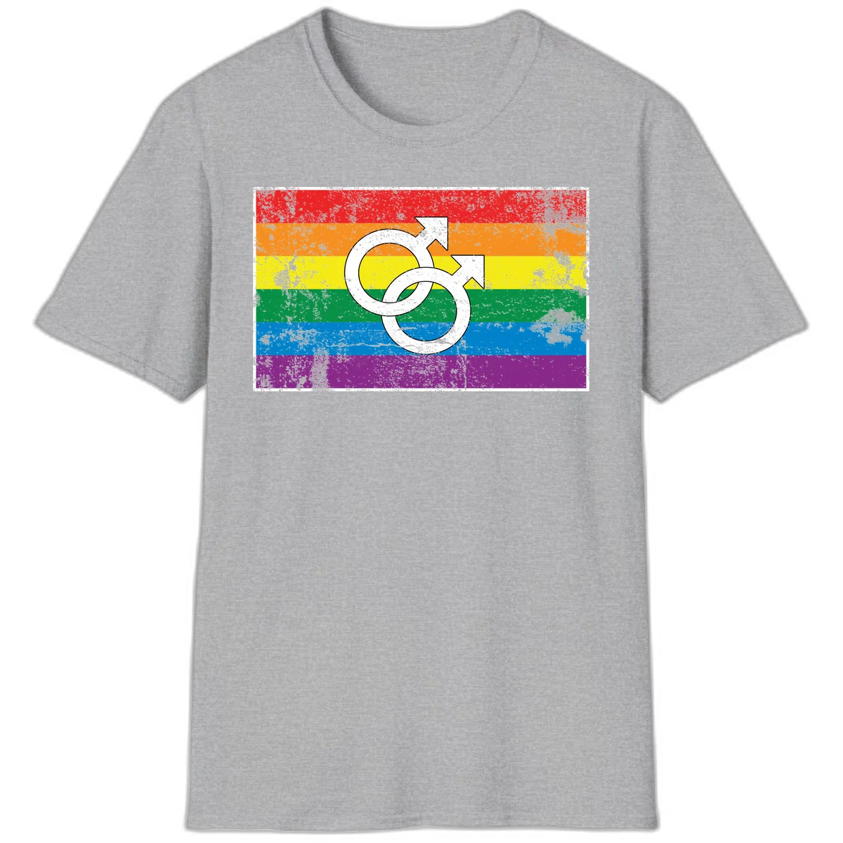 Two interlocking white male symbols overlaid on a distressed rainbow pride flag with horizontal stripes in Sport Grey