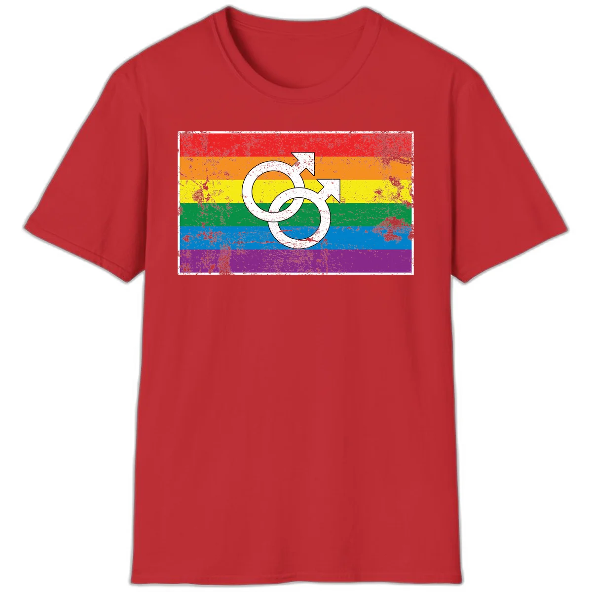 Two interlocking white male symbols overlaid on a distressed rainbow pride flag with horizontal stripes in Red