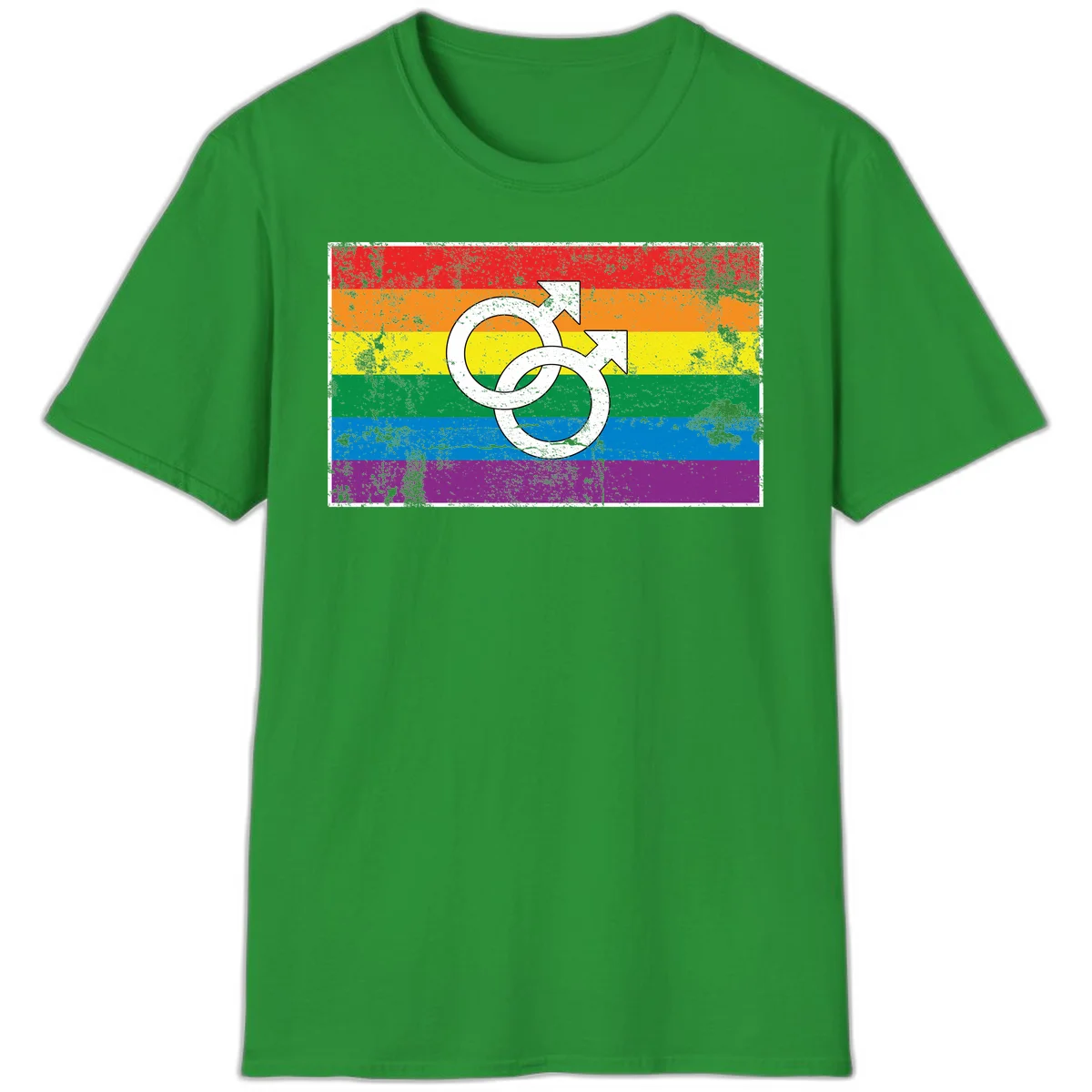 Two interlocking white male symbols overlaid on a distressed rainbow pride flag with horizontal stripes in Irish Green