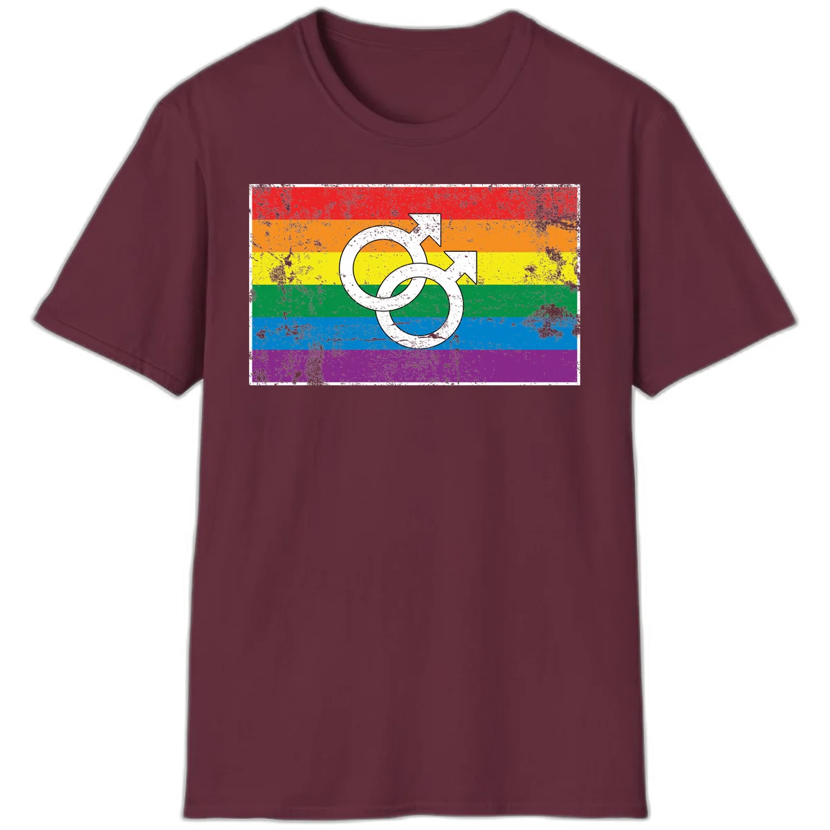 Two interlocking white male symbols overlaid on a distressed rainbow pride flag with horizontal stripes in Maroon