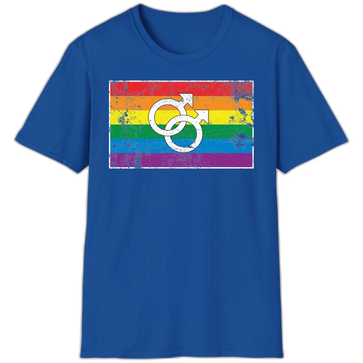 Two interlocking white male symbols overlaid on a distressed rainbow pride flag with horizontal stripes in Royal